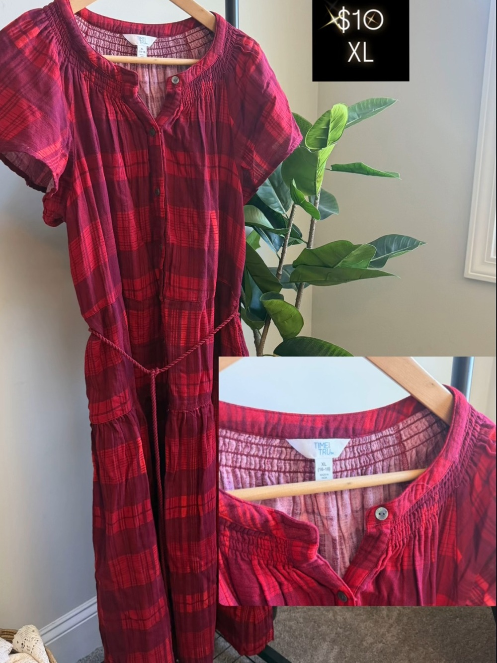 Time and Tru Red Plaid Button-Front Midi Dress